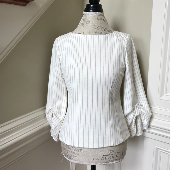 Tibi Stripe Ruched Sleeve Top Blouse Shirt Womens 4 White Blue Rear Zip Zipper - Picture 1 of 12
